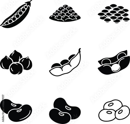 Assorted beans and pea pods silhouettes.