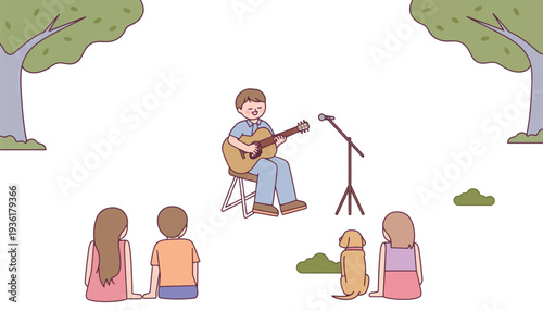 Guitar vector illustration of a man playing for his friends and dog