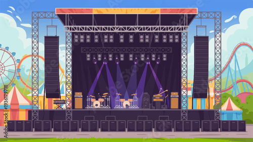 Outdoor music festival stage with colorful lights and speakers amusement park rides in background lively atmosphere