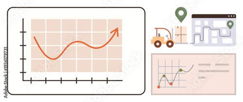 Data analytics, supply chain management, logistics, business strategy, performance tracking, market trends. Upward graph with tracking map and charts. Data analytics and logistics concept