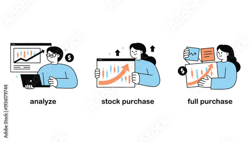 Laptop vector illustration of a businessman analyzing stock market and woman buying shares