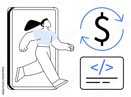 Digital payments, online coding, e-commerce, fintech solutions, mobile app development, virtual trade. Woman stepping out of a device, dollar symbol and coding tag. Digital payments and online