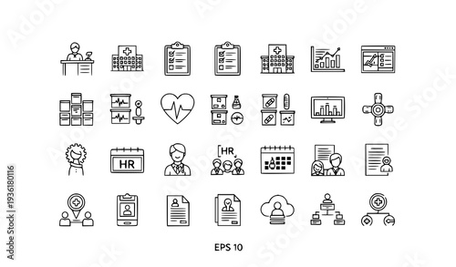 Healthcare Management Line Icon Set Editable Stroke Medical Administration and Monitoring Symbols Vector EPS 10