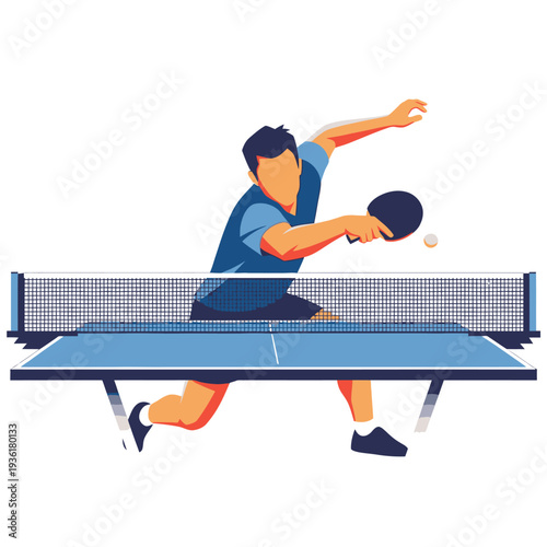 Man playing table tennis, dynamic action shot, hitting ball with racket over net