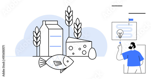 Food sustainability, nutrition, agriculture, innovation, healthy eating, education, presentations. Dairy fish wheat and a presenter pointing to ideas. Food sustainability and nutrition