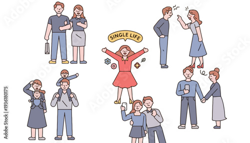 People illustration of various couples and single life vector designs