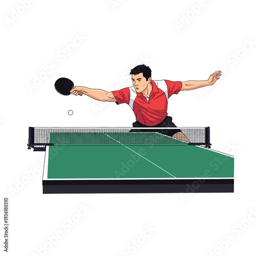 Man playing table tennis, hitting ball over net, action shot, sport illustration