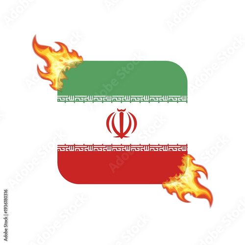 Stylized national flag of Iran engulfed in dynamic flames, symbolizing political turmoil, social unrest, and urgent calls for significant transformation and change within the country's landscape