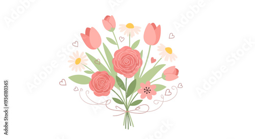 Beautiful Pink Tulip Bouquet with Leaves.