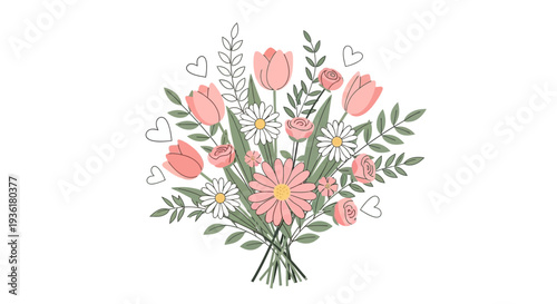 Beautiful Pink Flowers Bouquet with Green Leaves.