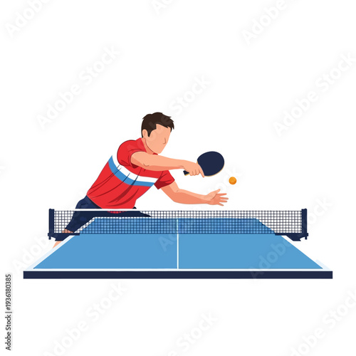 Man playing table tennis, hitting ball over net, sports illustration
