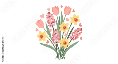 Colorful Tulips and Daffodils Bouquet with Hearts.