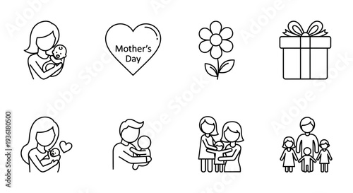 Simple Line Drawings of Mother and Child.