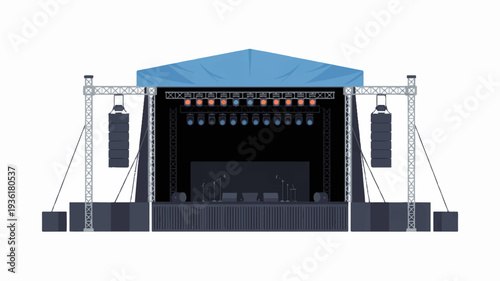 Outdoor concert stage with blue roof and speakers empty and ready for music festival or event with white background