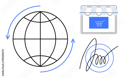 E-commerce platforms, global trade, digital marketplaces, online transactions, business networking, electronic contracts. Globe with arrows, storefront and signature icon. E-commerce and global