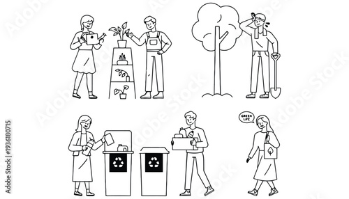 People engaging in eco-friendly activities with recycling and plants