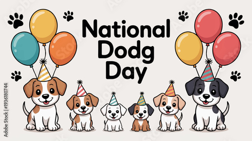 Cute dogs celebrate national puppy day with colorful balloons and party hats on a beige background