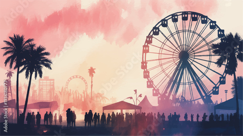 Silhouette of people at a vibrant carnival with a giant ferris wheel at sunset surrounded by palm trees and colorful sky