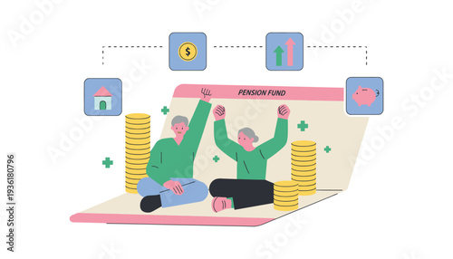 Pension fund illustration with happy couple and growing savings