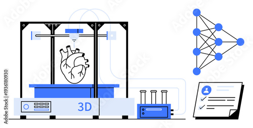 3D printer fabricating human heart beside a neural network diagram, lab equipment, and medical checklist. Ideal for healthcare, innovation, biotechnology, AI, research, medicine futuristic