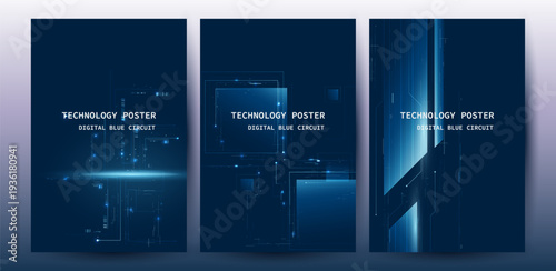 Technology blue circuit lines innovation background Poster Set, Futuristic digital cyber for tech event poster or corporate business