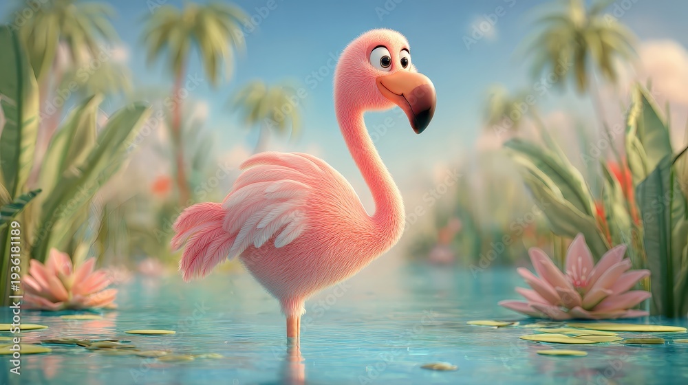 Obraz premium funny cartoon-style flamingo with soft pink feathers