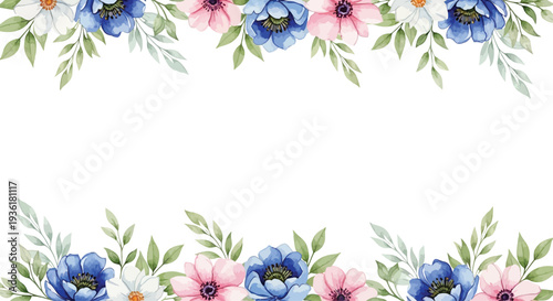 Watercolor floral border frame illustration with blue pink and white anemone flowers vector design for wedding invitation greeting card template