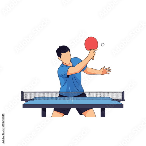 Man playing table tennis, hitting the ball with a racket over the net, sports illustration