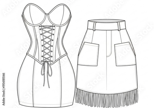 Women Corset Top and Fringe Skirt Fashion Line Art Clothing Illustration