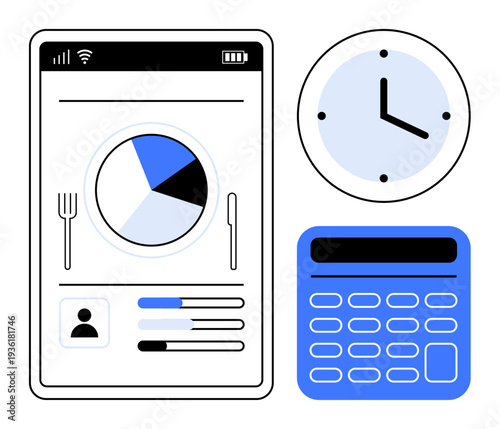 Nutrition tracking, time management, calorie counting, meal planning, diet analysis, fitness goals. Display of pie chart, clock and calculator elements. Nutrition tracking and time management