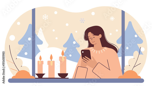 A woman wearing a peach sweater holds a smartphone while sitting at a desk with three lit candles against a snowy winter window background.