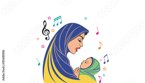 Mother wearing blue headscarf holding baby with green headscarf vector illustration