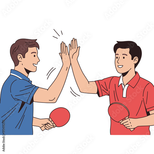 Two men playing table tennis, high five gesture, celebrating victory, sports concept