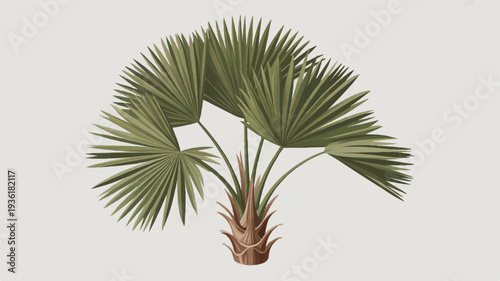 Palm tree illustration with green leaves and brown trunk against a plain white background showcasing a tropical plant in a minimalist style