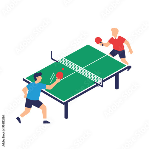 Two men playing table tennis, isometric view, sports concept