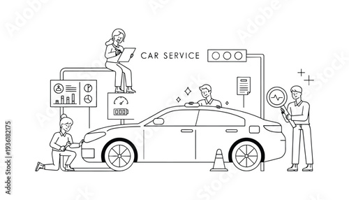 Car service vector illustration with people working around a red car