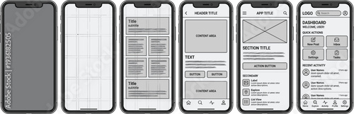 A series of mobile phone screens displaying various user interface designs and wireframes from different viewpoints showcasing technology and graphic design concepts