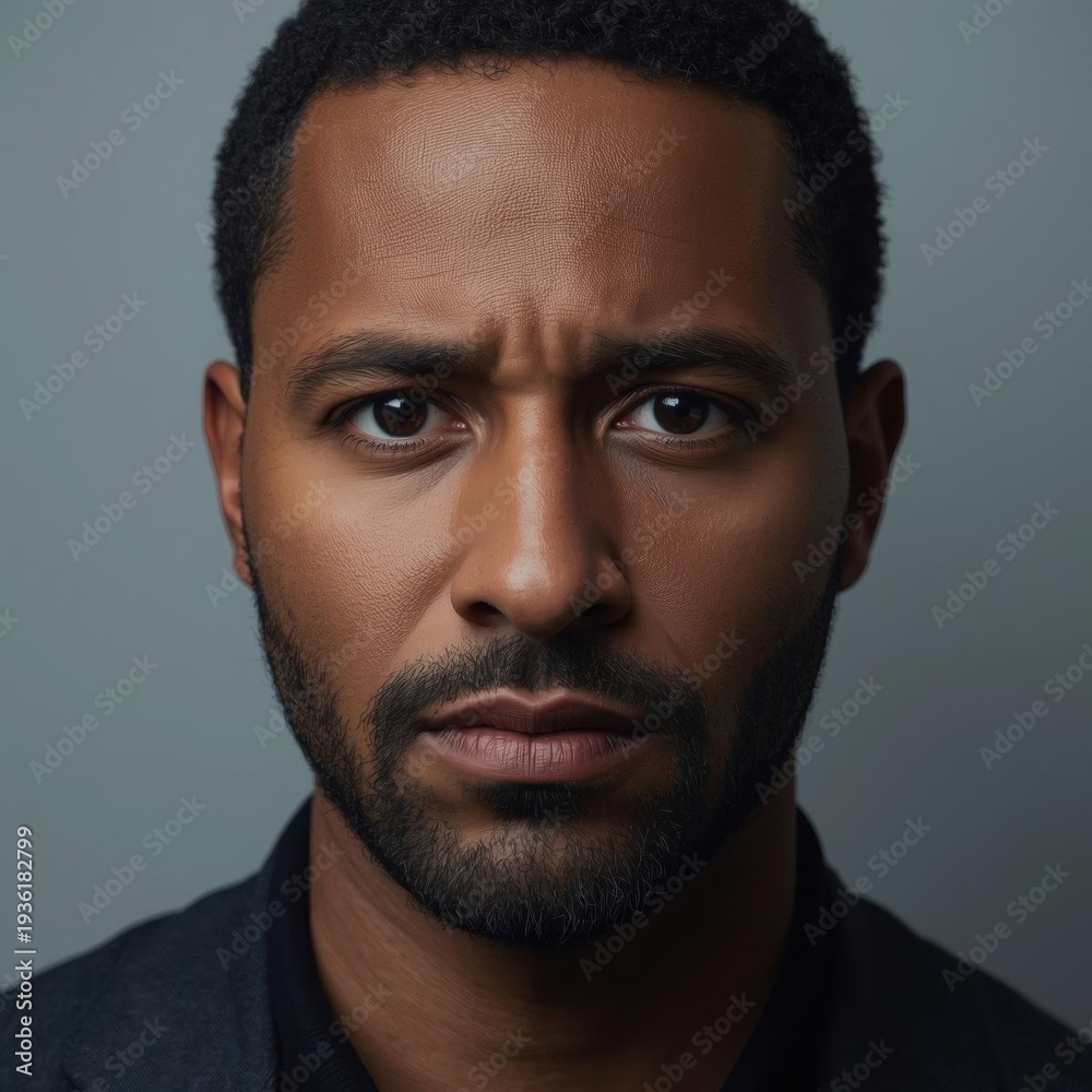 Obraz premium Close-up portrait of a serious man with dark curly hair, beard, and intense eyes against a neutral gray background.
