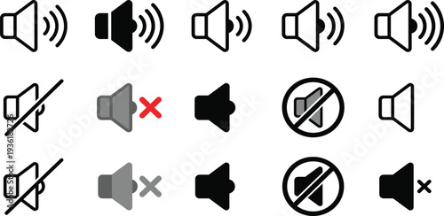 Collection of various sound and speaker icons representing different states of audio and silence in a grid layout