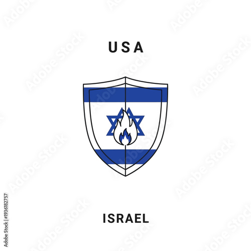 Symbolic shield illustration representing the strong alliance and cooperation between the United States and Israel, featuring national elements in a unified emblem