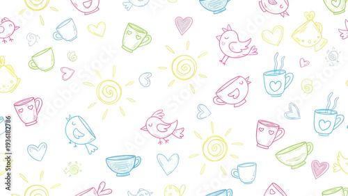 Cute Hand-Drawn Doodle Pattern with Birds, Cups, and Hearts.