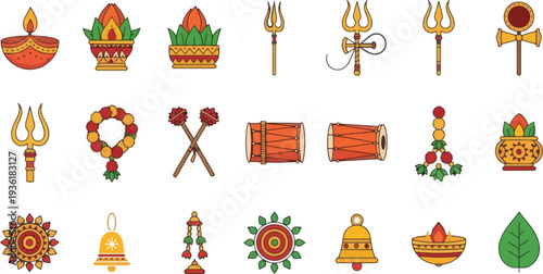Diwali Hindu Festival Icon Set with Diya Lamp Trishul Kalash and Rangoli Symbols