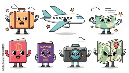 Cute Travel Objects and Airplane Characters Having Fun.