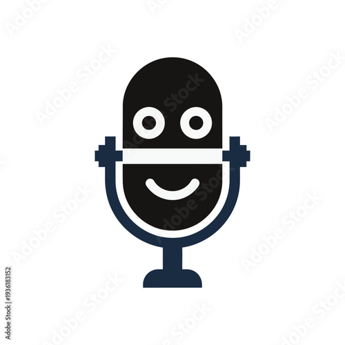 A stylized dark blue and black microphone icon with a smiling face representing audio recording