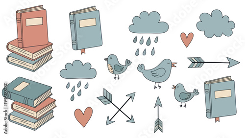 Hand drawn collection of books, birds, clouds, rain, hearts, and arrows.