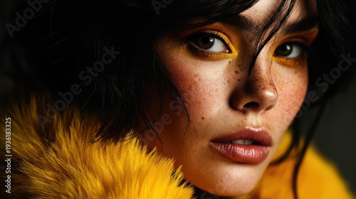 High-fashion portrait with bold lighting and makeup, black background, studio shoot quality