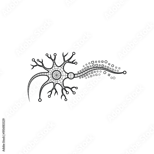 Detailed illustration of a neuron with branching dendrites and a segmented axon structure high quality professional