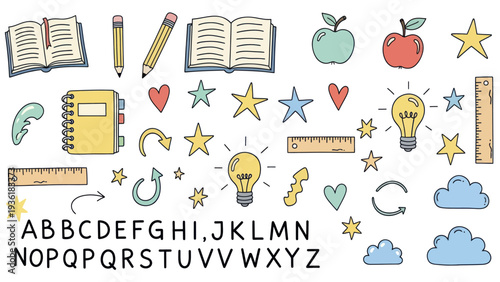 Hand-drawn collection of school supplies and educational elements.