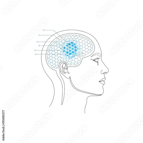 Illustration of a human brain with a honeycomb structure and connecting lines in profile high quality