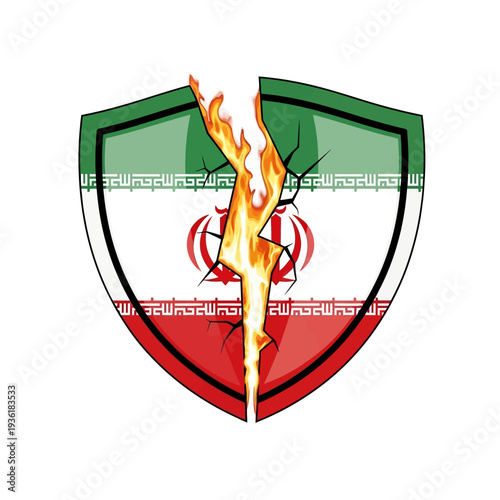 Iranian flag shield cracked and burning, symbolizing national crisis and conflict, with flames erupting from the divide